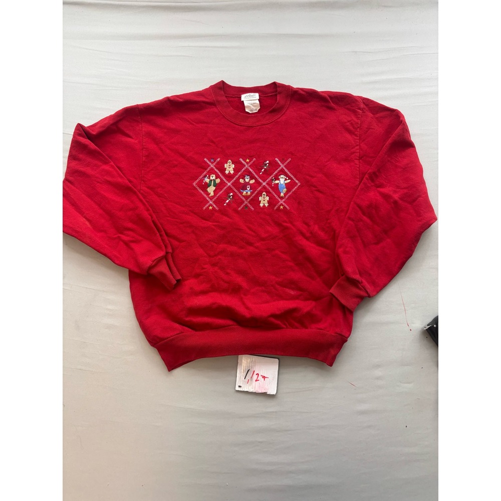 Chic Vintage Christmas Embroidered Sweatshirt Red Santa Snowman Medium